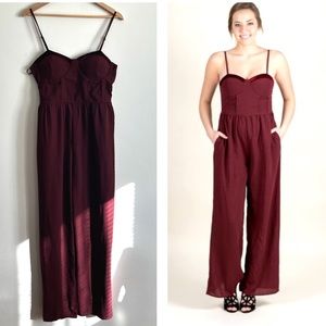 Band Of Gypsies Burgundy Velvet Details Wide Leg Jumpsuit